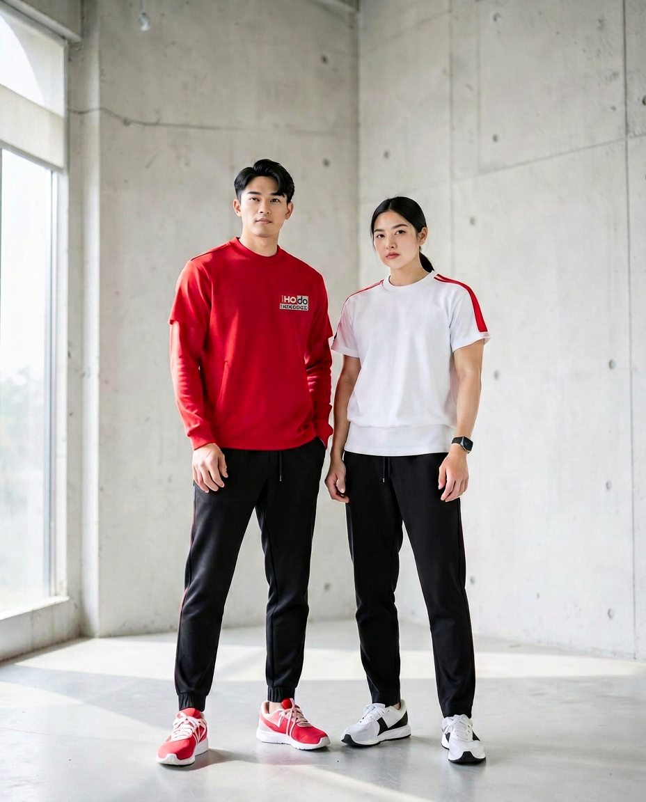 Man and woman wearing HONGDOU red, white and black active lifestyle apparel