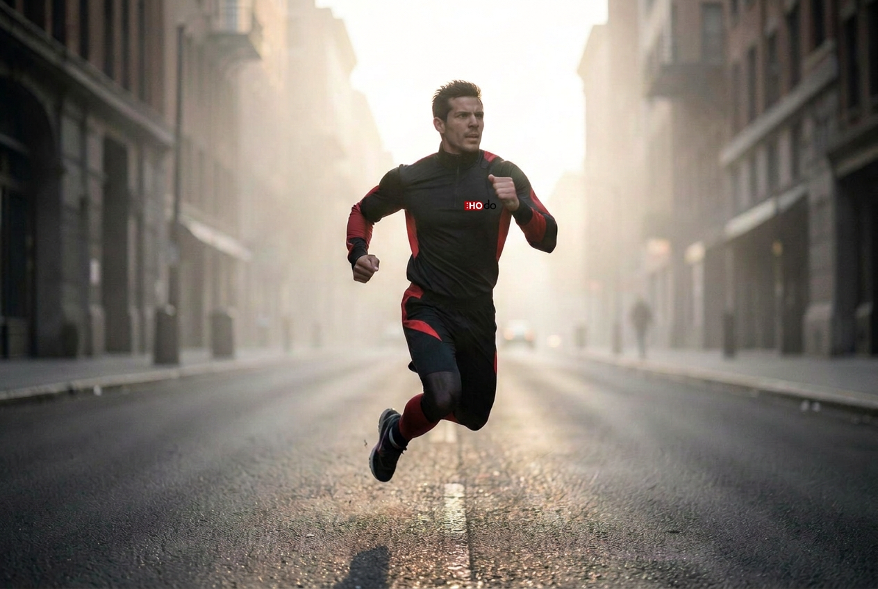 Runner in HONGDOU performance running apparel at dawn