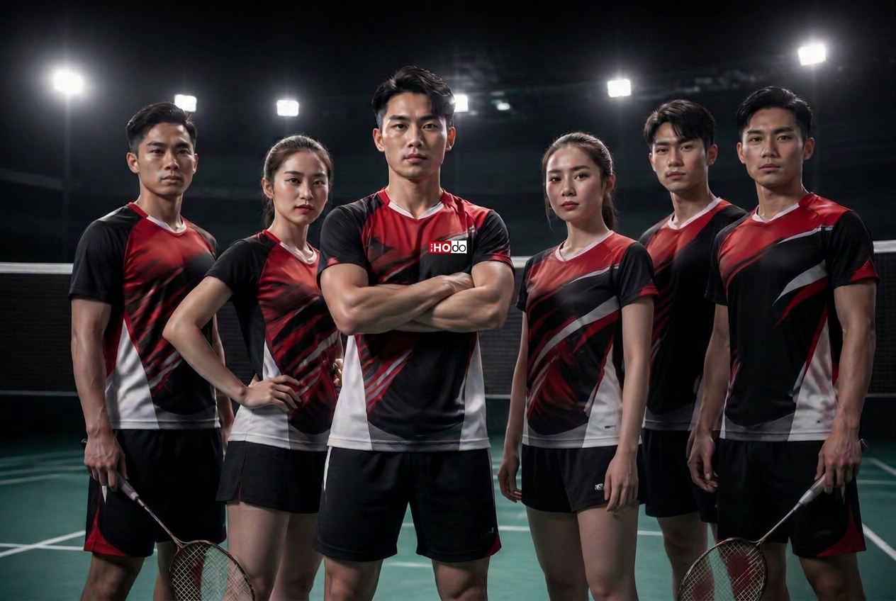 Team wearing coordinated HONGDOU red, black and white uniforms